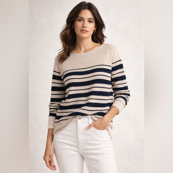 MM Lafleur Sweaters - M.M. LaFleur The Samara Sweater - navy/cream Knit Linen size L